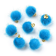 Faux Mink Fur Covered Charms, with Golden Tone Brass Findings, Round, Blue, 12~14x10mm, Hole: 1.5mm(WOVE-S084-36J)