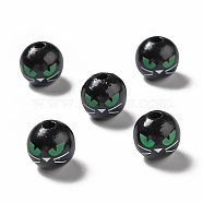 Halloween Spray Painted Wood Beads, Round with Green Cat Eye Pattern, Black, 15.5~16x14.5~15mm, Hole: 4mm(WOOD-C002-03)