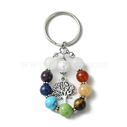 7 Chakra Gemstone Bead Pendant Keychain with Tibetan Style Alloy Charm, for Car Key Bag Ornament, Tree of Life, 7.7cm(KEYC-JKC00539-05)