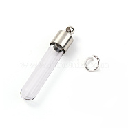 Transparent Glass Bottle Pendant, with Brass Findings and Jump Rings, Openable Perfume Bottle, Tube, Platinum, 36x7mm, Hole: 1.6mm(GGLA-B001-03P)
