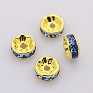 Brass Rhinestone Spacer Beads, Grade A, Straight Flange, Golden Metal Color, Rondelle, Light Sapphire, 6x3mm, Hole: 1mm(RB-A014-Z6mm-04G)
