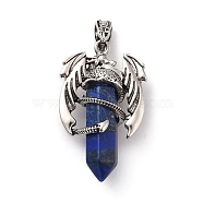 Natural Lapis Lazuli Pointed Pendants, Faceted Bullet Charms, with Rack Plating Platinum Tone Alloy Dragon Findings, Cadmium Free & Lead Free, 39~41x24~25x13~14mm, Hole: 4x8mm(G-B042-04P-52)
