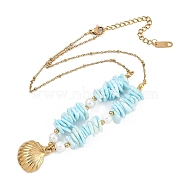 Summer Beach 304 Stainless Steel Shell Shaped Pendant Satellite Chain Necklaces for Women, with Dyed Natural Shell, Real 18K Gold Plated, 15.94 inch(40.5cm)(NJEW-A033-02A-G)