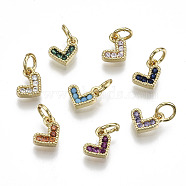 Brass Micro Pave Cubic Zirconia Charms, with Jump Ring, Heart, Real 16K Gold Plated, Nickel Free, Mixed Color, 8x8x2mm, Jump Ring: 5x1mm, 3mm inner diameter(KK-N227-33G-NF)