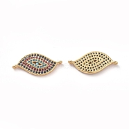 Brass Micro Pave Cubic Zirconia Links connectors, Leaf, Colorful, Golden, 10x21.5x2mm, Hole: 0.8mm(ZIRC-K081-32G)