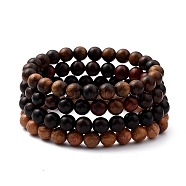 Unisex Natural Wood Beaded Stretch Bracelets Sets, Round, Mixed Color, Inner Diameter: 2-1/8 inch(5.5cm), Bead: 8.5mm, 4pcs/set(BJEW-JB05463)