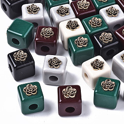 Resin European Beads, with Antique Golden Plated Alloy Findings, Large Hole Beads, Cadmium Free & Lead Free, Cube with Flower, Mixed Color, 22.5x19.5x19.5mm, Hole: 6mm(RESI-N022-07-RS)