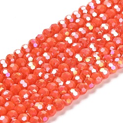 Opaque Glass Beads Stands, AB Color, Faceted(32 Facets), Round, Orange Red, 4.5x4mm, Hole: 1mm, about 94~95pcs/strand, 13.90~14.02 inch(35.3~35.6cm)(EGLA-A035-P4mm-B03)