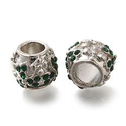 Rack Plating Alloy European Beads, with Rhinestone, Lead Free & Cadmium Free, Large Hole Beads, Round with Flower, Emerald, 9x11x11mm, Hole: 5mm(FIND-H005-22P-02)