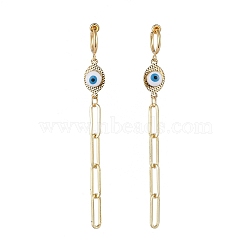 Brass Clip-on Hoop Earrings, with Paperclip Chains and Brass Enamel Links, Evil Eye, Golden, 84mm, Pin: 1.4mm(EJEW-JE04108)