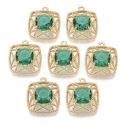 Glass Pendants, with Brass Open Back Settings, Faceted, Square, Light Gold, Green, 21.5x19x7mm, Hole: 1.5mm(GLAA-T021-15A)