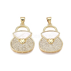 Brass Micro Pave Clear Cubic Zirconia Pendants, with Shell, Handbag Charms, Real 18K Gold Plated, 25.5x19x4mm, Hole: 5x3.5mm(KK-N254-183G)