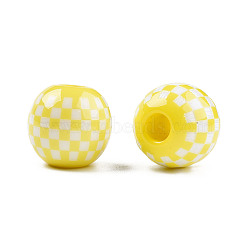 Opaque Resin European Beads, Large Hole Beads, Round with Tartan Pattern, Yellow, 19.5x18mm, Hole: 6mm(RESI-N022-11-03)