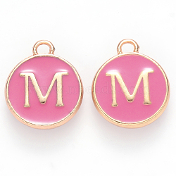 Golden Plated Alloy Enamel Charms, Cadmium Free & Lead Free, Enamelled Sequins, Flat Round with Letter, Camellia, Letter.M, 14x12x2mm, Hole: 1.5mm(ENAM-S118-08M)