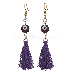 Evil Eye Lampwork & Tassel Earrings, Golden Iron Long Dangle Earrings, Medium Purple, 70~72x17~22mm(EJEW-JE05592-05)