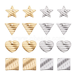 Craftdady 64Pcs 4 Style, 2 Colors 304 Stainless Steel Charms & Pendants, Twist Heart & Rhombus & Triangle & Star with Stripe, Golden & Stainless Steel Color, 12~16x12~16x1~1.5mm, Hole: 1.4mm, 8pcs/color(STAS-CD0001-27)