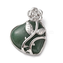 Natural Green Aventurine Pendants, Heart Charms, with Rack Plating Platinum Tone Alloy Rose, Cadmium Free & Lead Free, 41~42x37~38x11~12mm, Hole: 5.3x5.2mm(G-B042-01P-03)