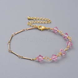 Bicone Austrian Crystal Beaded Bracelets, with Real 18K Gold Plated Brass Bar Link Chains, Brass Chain Extender and Lobster Claw Clasps, Hot Pink, 7-1/4 inch(18.5cm)(BJEW-JB04806-02)