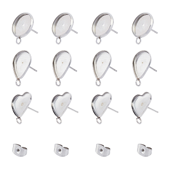 304 Stainless Steel Stud Earring Settings, with Loop & Ear Nuts, Earring Backs, Mixed Shape, Stainless Steel Color, 60pcs/box