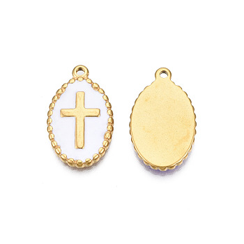 304 Stainless Steel Enamel Pendants, Real 18K Gold Plated, Oval with Cross, White, 23x14x2mm, Hole: 1.6mm