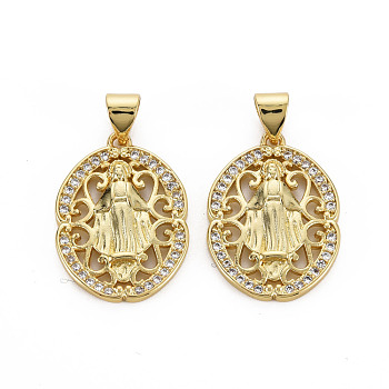 Brass Micro Pave Cubic Zirconia Pendants, Nickel Free, Oval with Virgin, Real 16K Gold Plated, 21.5x15.5x2.5mm, Hole: 3x5mm