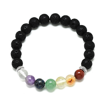 Chakra Jewelry, Natural Gemstone Beads Stretch Bracelets, with Synthetic Lava Rock Beads and Alloy Beads, Round, Inner Diameter: 2-1/8 inch(5.5cm), Beads: 8.5mm