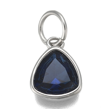 304 Stainless Steel Cubic Zirconia Pendant, Triangle, Stainless Steel Color, Dark Blue, 12.5x9.5x5mm, Hole: 5mm