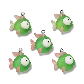 Opaque Resin Pendants, with Platinum Tone Iron Loops, Frosted, Fish, Lime Green, 22x21x6mm, Hole: 2mm