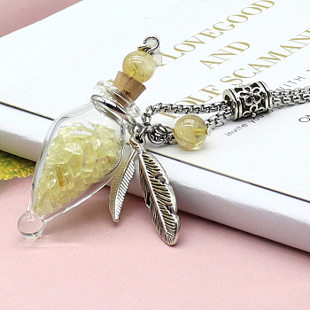 Natural Citrine Chips Wishing Bottle with Feather Pendant Necklace, Stainless Steel Jewelry for Women, 23.62 inch(60cm)