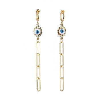 Brass Clip-on Hoop Earrings, with Paperclip Chains and Brass Enamel Links, Evil Eye, Golden, 84mm, Pin: 1.4mm