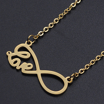 Valentine's Day Theme, 201 Stainless Steel Pendant Necklaces, with Cable Chains and Lobster Claw Clasps, Infinity with Word Love, Golden, 17.12 inch(43.5cm), 2mm