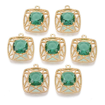 Glass Pendants, with Brass Open Back Settings, Faceted, Square, Light Gold, Green, 21.5x19x7mm, Hole: 1.5mm