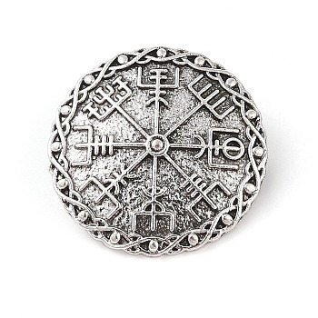 Tibetan Style Alloy Brooches, Viking Runes Compass Coin, Antique Silver, 34x34x3.5mm