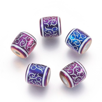 Electroplate Glass Beads, Barrel with Vine Pattern, Purple Plated, 12x11.5mm, Hole: 3mm