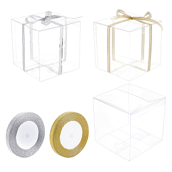 BENECREAT Foldable Transparent PVC Boxes, with Glitter Metallic Ribbon, Mixed Color, PVC Boxes: 10pcs