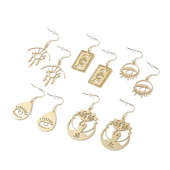 Chakra Theme Hollow Charm Dangle Earrings, Lucky Drop Earrings for Girl Women, Mixed Shape, Golden, 47~64mm, Pin: 0.7mm