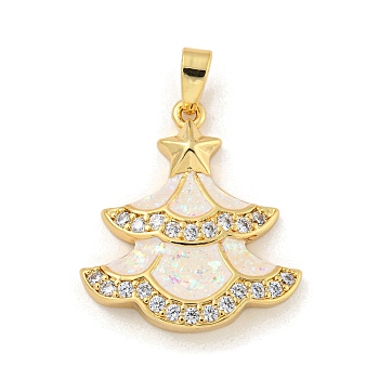 Christmas Brass Micro Pave Cubic Zirconia Pendant, with Synthetic Opal, Christmas Tree, Snow, 22x19.5x3.5mm, Hole: 5x3mm