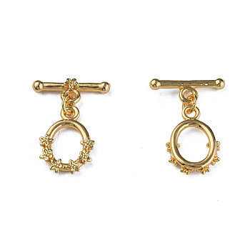 Brass Toggle Clasps, Nickel Free, Oval with Flower, Real 18K Gold Plated, 26mm, Hole: 2mm