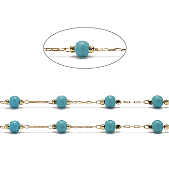 3.28 Feet Handmade Brass Cable Chains, with Dyed Synthetic Turquoise Beads, Soldered, Long-Lasting Plated, Round, Real 18K Gold Plated, Dark Cyan, 2x1x0.3mm