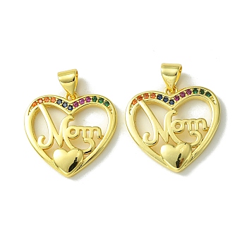 Mother's Day Brass Micro Pave Cubic Zirconia Pendants, Heart with Word Mom, Real 18K Gold Plated, 19x19.5x3mm, Hole: 5mm