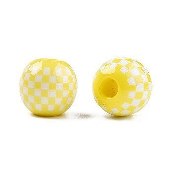 Opaque Resin European Beads, Large Hole Beads, Round with Tartan Pattern, Yellow, 19.5x18mm, Hole: 6mm