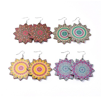 Dangle Earrings, with Printed Wooden Big Pendants and Brass Findings, Mixed Color, 80~81mm, Pendant: 59.5~60x59.5~60x2.5~2.6mm, Pin: 0.6mm