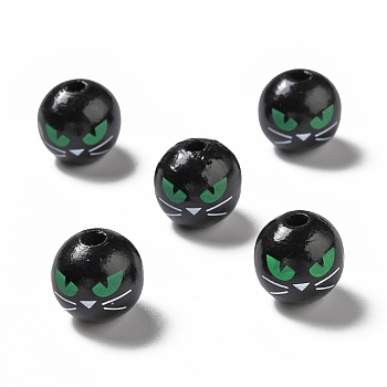 Halloween Spray Painted Wood Beads, Round with Green Cat Eye Pattern, Black, 15.5~16x14.5~15mm, Hole: 4mm