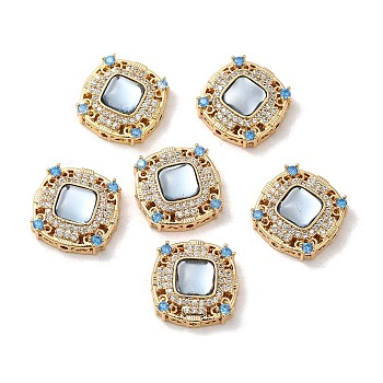 Brass Micro Pave Cubic Zirconia Multi-Strand Links, with Resin Imitation Aquamarine, Square Connector, Real 18K Gold Plated, 14x14x5.5mm, Hole: 1mm