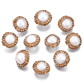 Natural Freshwater Pearl Beads, with Polymer Clay Rhinestone, Flat Round, Chocolate, Mint Cream, PP13(1.9~2mm), 11~14x7~10mm, Hole: 0.5~0.7mm