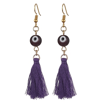 Evil Eye Lampwork & Tassel Earrings, Golden Iron Long Dangle Earrings, Medium Purple, 70~72x17~22mm