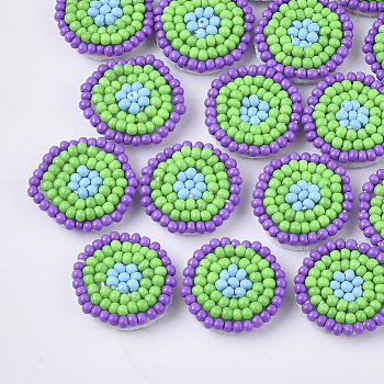 Glass Seed Beads Cabochons, Cluster Beads, with Non-Woven Fabric, Flat Round, Lime Green, 17~18x3.5~4mm