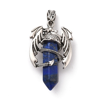 Natural Lapis Lazuli Pointed Pendants, Faceted Bullet Charms, with Rack Plating Platinum Tone Alloy Dragon Findings, Cadmium Free & Lead Free, 39~41x24~25x13~14mm, Hole: 4x8mm