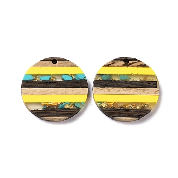 Transparent Resin & Walnut Wood Pendants, with Gold Foil, Flat Round Charm, Yellow, 30x3.5mm, Hole: 2mm