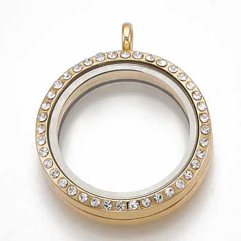 Alloy Magnetic Locket Pendants, with Rhinestone and Glass, Flat Round, Crystal, 37x30.5x7.5mm, Hole: 3.5mm, Inner diameter: 23mm